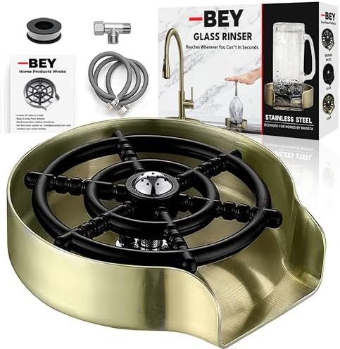 BEY Automatic Glass Rinser - Powerful Cup Washer for Kitchen Sink, Stainless Steel Baby Bottle Cleaner Sinks Attachment, Bar Accessories Spray Metal (Gold Stainless Steel) -BEY