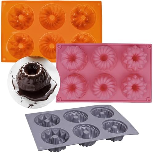 3Pcs Mini Bundt Cake Pans for Baking, 6-Cavity Silicone Mini Bundt Cake Pan Nonstick, Small Bundtlette Cake Silicone Mold for Cupcakes, Donuts, Cornbread, Brownies, Jellies(3 color) Sinsanye