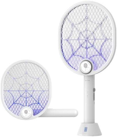 Electric Fly Swatter, Type-C Rechargeable Bug Zapper Racket with Charging Base, Foldable Bug Zapper for Indoor and Outdoor, Mosquito Swatter with Blue-Purple Working Light Buzbug