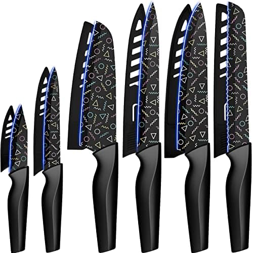 Astercook Knife Set, 12 Pcs Colorful Geometric Pattern Kitchen Knives Set, 6 Stainless Steel Chef Knife Sets with 6 Blade Guards, Dishwasher Safe, Black Astercook