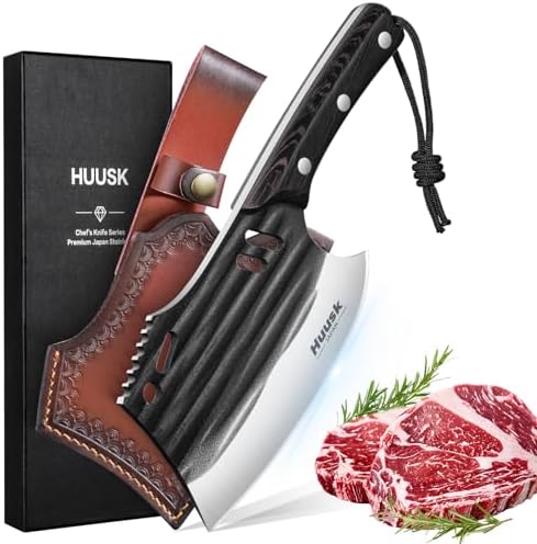 Huusk Butcher Knife for Meat Cutting, Japanese Meat Cleaver Knife with Sheath, Hand Forged Chopping Knife with Full Tang Handle, Heavy Duty Bone Cleaver Knife for Cooking Camping, Gifts Idea Men Huusk