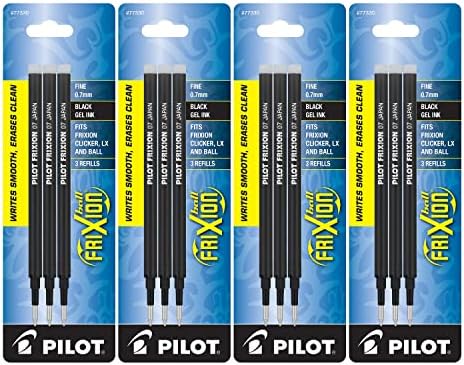 PILOT FriXion Gel Ink Refills for Erasable Pens, Fine Point, Black Ink, 4 Pack of 3 Reffils each (77330) Pilot