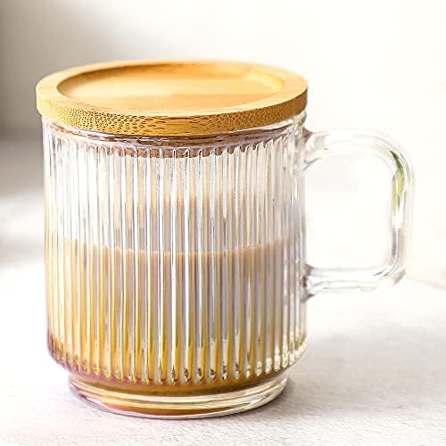 Lysenn Amber Glass Coffee Mug with Lid - Premium Classical Vertical Stripes Glass Tea Cup - for |Latte|Tea|Chocolate|Juice|Water| - Unleaded - Bamboo Lid - 12.5 Ounces Lysenn