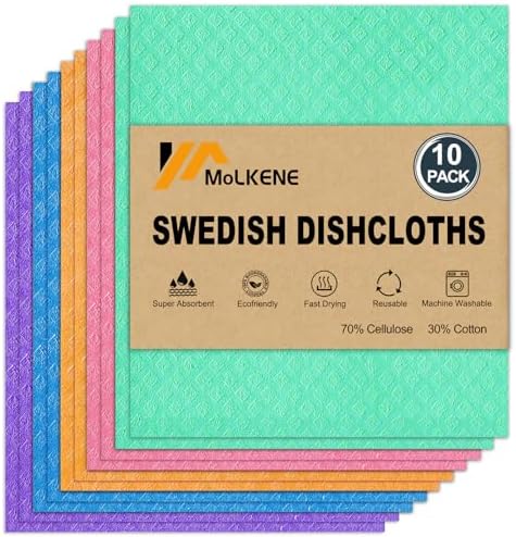 Swedish Dish Cloths - 10 Pack Reusable Kitchen Dishcloths - Ultra Absorbent Dish Towels for Washing Dishes - Cellulose Sponge Cloth Cleaning Rag - Assorted MoLKENE