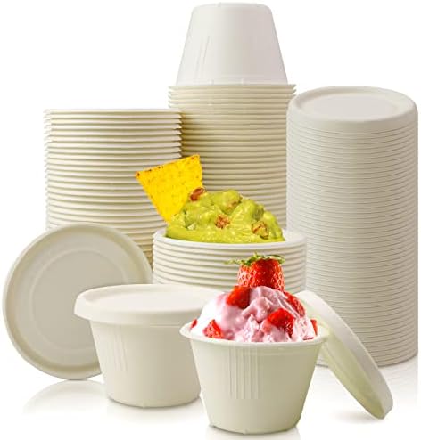 Vmiapxo 100 Pack 4oz Disposable Paper Cups with Lids, Ice Cream Cups, Natural Bagasse Fiber Recycleable Paper Bowls for Small Portion Condiments, Sauce, Souffle Vmiapxo