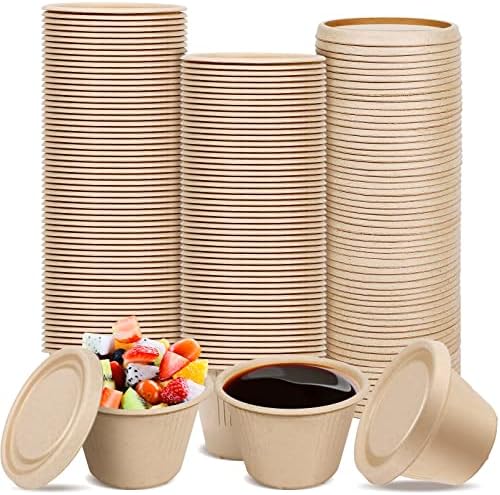 100 Pack 4 oz Bagasse Fiber Condiment Cups with Lids,Bagasse Fiber Souffle Cups,Compostable Portion Cups,Natural Biodegradable Sample Cups for Snack Salad Dressing Ketchup AEJMYS