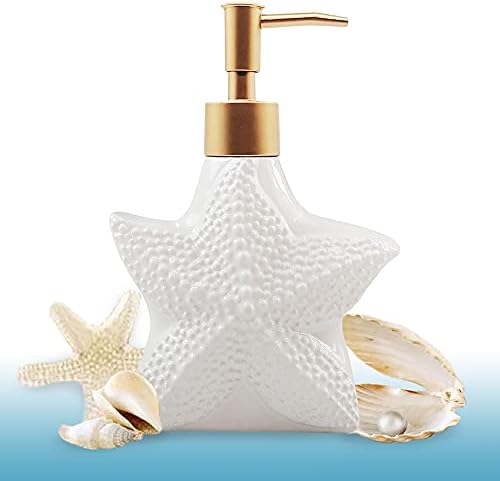 Starfish-shaped Soap Dispenser, White Ceramic Lotion Bottle with Noble Golden Matte Pump, Ocean Themed Décor for Kitchen Sink or Bathroom ohihuw