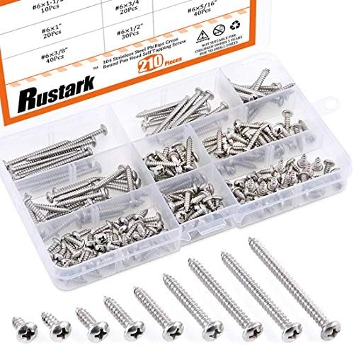 210-Pcs [# 6 5/16'' to 1-1/2''] 304 Stainless Steel Round Pan Head Phillips Cross Wood Screws Drive Self Tapping Drilling Screws Assortment Kit Rustark