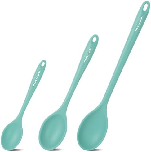 3 Pcs Silicone Spoons Set of 7.9 10.6 14.2 inch for Cooking, Heat Resistant Kitchen Spoons for Mixing, Stirring, and Serving, Small to Large Non Stick Utensil Spoons (Black) Puckway