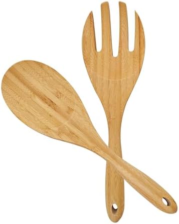 12 Inch Bamboo Wood Salad Servers, Cooking Utensils - Spoon and Fork Youkoo