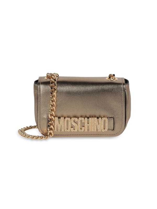 Сумка через плечо из кожи с металлическим логотипом и стразами Moschino