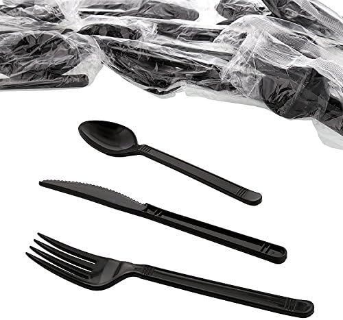 AmerCareRoyal 3-in-1 Disposable Silverware Heavy Weight Plastic Utensil Set with Teaspoon, Fork, and Knife - Individually Wrapped Cutlery Meal Kit, Black, Case of 250 AmerCare