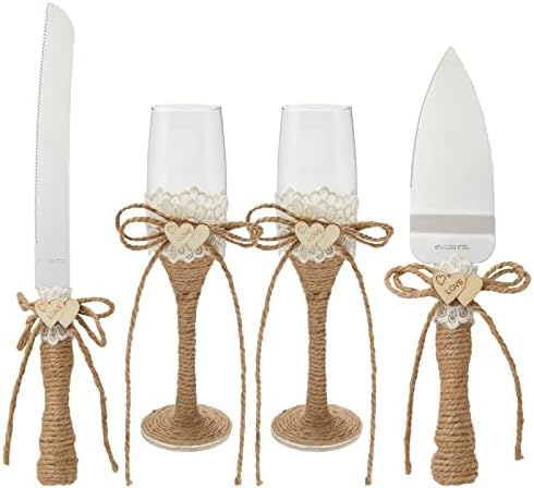 Juvale 4 Piece Rustic-Style Wedding Cake Knife and Server Set with Champagne Glasses for Bride and Groom, Farmhouse Theme Reception, Country Decorations Juvale