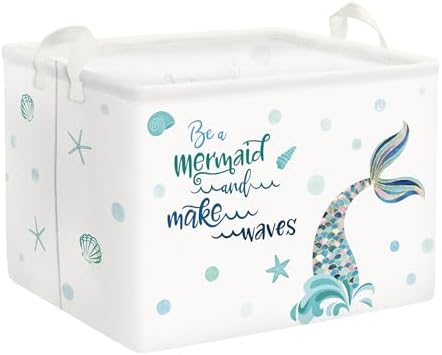 Clastyle Blue Mermaid Storage Basket for Girls Rectangle Starfish Shell Shelf Basket Clothes Books Toy Storage Cube, 36L Clastyle