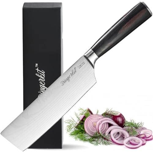 Nakiri Knife - Sharp Meat Cleaver and Vegetable Kitchen Cooking Cutting Knife with Japanese Damascus Pattern High Carbon Steel, 7" Asian Chopping Chef knife with Pakkawood Handle. Dingerkit