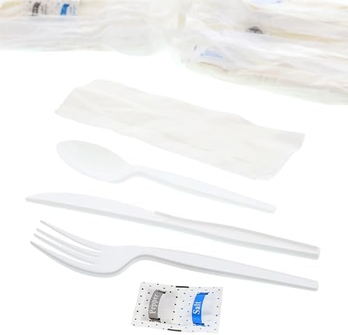 AmerCareRoyal Case of 250 6-in-1 Disposable Silverware Medium Heavy Weight Plastic Utensil Set with Teaspoon, Fork, Knife, Salt & Pepper, 12x13 Napkin - Individually Wrapped Cutlery Meal Kit, White AmerCare