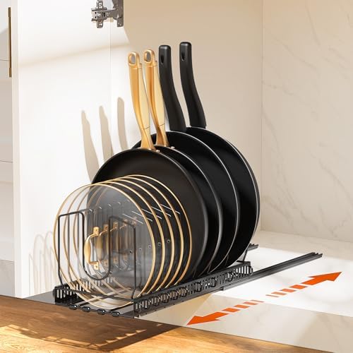 Pull Out Pot and Pan Organizer Rack for Under Cabinet, Slide Out Pot Lid Organizer Holder with 10 Adjustable Dividers, Sliding Pot and Pan Storage Organizer Inside Cabinet, Black Housolution