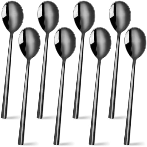 HANSGO Korean Spoons with Long Handles, 8.5 Inch Soup Spoons Stainless Steel Spoons for Home Kitchen Restaurant, 8PCS, Black Hansgo