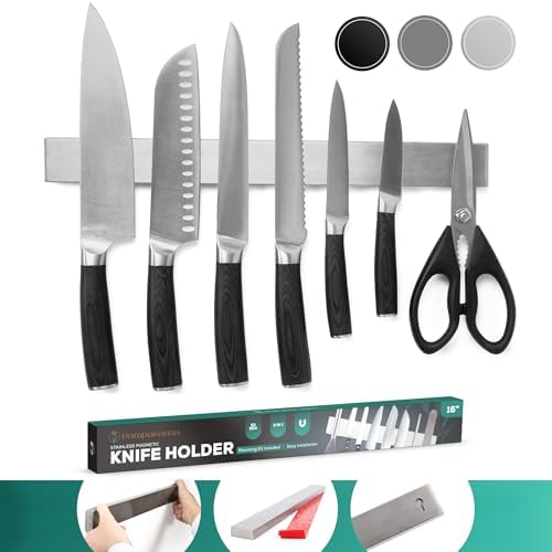 Black Magnetic Knife Holder for Wall and Fridge (No Drill), 16’’ Stainless Steel Magnetic Knife Strip,Multi-Purpose Magnetic Kitchen Utensil Holder and Tool Organizer. Pampavanna