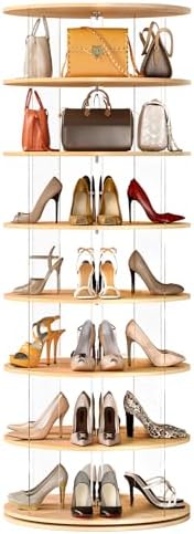 7-Tier Rotating Shoe Rack, 360 Degree Spinning Shoe Display Tower, Lazy Susan Shoe Rack Made of Acrylic and Solid Wood, Round Revolving Shoe Organizer for Closet, Entryway and Bedroom Takekit