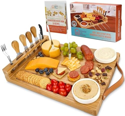 Charcuterie Boards with Handles - Bamboo Cheese Board with Knife Set, Wine Opener, Ceramic Bowls & Forks - Magnetic Utensils Holder, Gift for Housewarming, Weddings & Anniversaries + Recipe Book House Ur Home