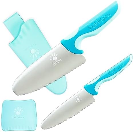 4 Pcs kids knife set for real cooking, Kids First Cutting Knives Set, Round Tip Kids Friendly Kitchen Knife, BPA-free Stainless Steel Kids Chef Knife to Learn to Cook (Blue) Kibbidea