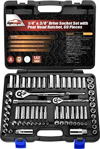 EPAuto 69 Pieces - 1/4" & 3/8" Drive Socket Set with Pear Head Ratchet, Chrome (92-824) EPAuto