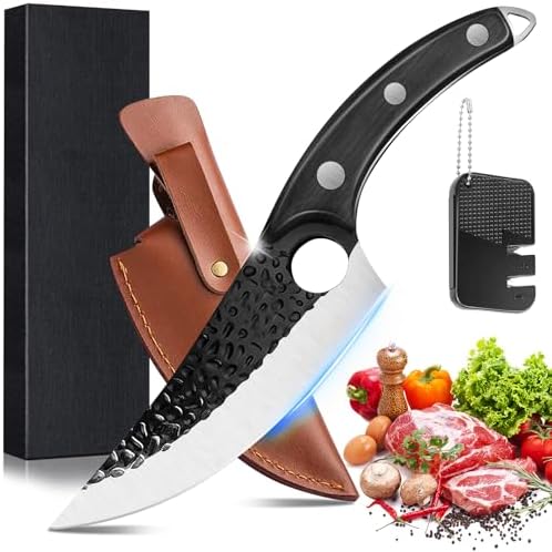 Bicico Viking Knife, Hand Forged Butcher Knife with Sheath and Sharpener, Japan Boning Meat Cleaver High Carbon Stainless Steel Knife Great Gift for Multipurpose Outdoor, Camping, Hunting, BBQ Bicico