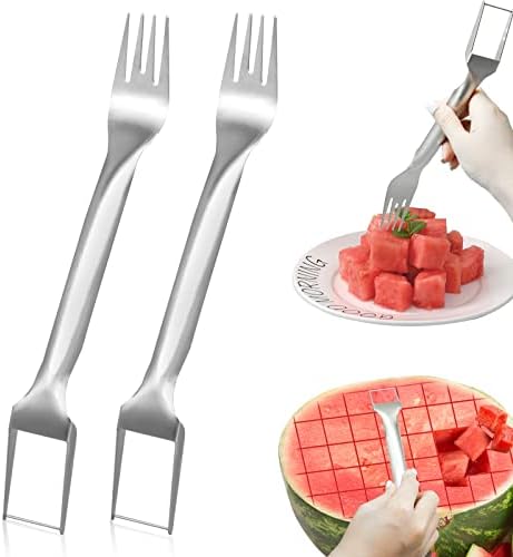 2Pcs Watermelon Fork Slicer Cutter, Stainless Steel 2-in-1 Watermelon Fork Slicer, Portable Watermelon Fork Watermelon Cutter Slicer Tool Fruit Forks Slicer for Home Party Camping Kitchen Gadget Canipha