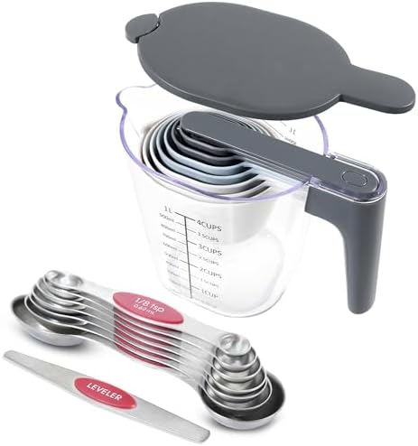 18 Pieces Measuring Cups and Spoons set, Includes 10 Stackable Measuring Cup with Lid and 8 Magnetic Measuring Spoons Set for Liquid and Dry, BPA Free (Blue) Recogwood