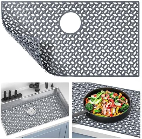 Sink Mat Protector for Kitchen Sink, JUSTOGO 29.5" x 15.6" Silicone Kitchen Sink Protector Grid for Stainless Steel Sink with Rear Drain, Heat Resistant Justogo