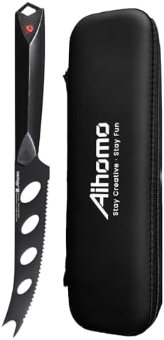 6 Inch Black Cheese Knife, Serrated Edge Tomato Knife X70Cr17MoV High Carbon Stainless Steel, Non-Stick Full Tang Blade with Storage Case, Multi-Purpose for Slicing Fruits, Vegetables, Toast Aihomo