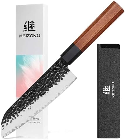 Gyuto Santoku Knife, Japanese Chefs Knife 7 Inch, Ultra Sharp 3 Layers 9CR18MOV High Carbon Steel Kitchen Knives, Professional Hand Hammered Sushi Knife (7 Inch Santoku Chef Knife) KEIZOKU