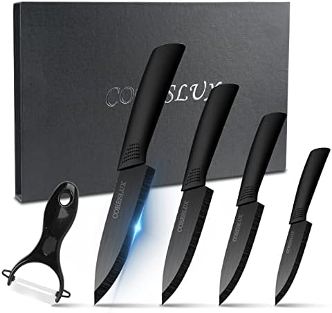 CORESLUX Ceramic knife, 6 Piece Ceramic Kitchen Knife Set, Ceramic Knives Set for Kitchen 6" Chef Knife 5" Utility Knife 4" Fruit Knife 3" Paring Knife 1'' Vegetable Fruit Peeler(Black) CORESLUX