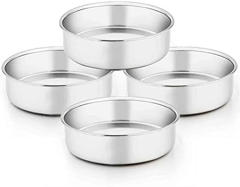 TeamFar 4 Inch Cake Pan Set, 4 Pcs Round Cake Baking Pan Stainless Steel, Mini Cake Pans with Silicone Spatula & Silicone Brush & Measuring Spoons & Egg Separator, Healthy & Easy Clean TeamFar