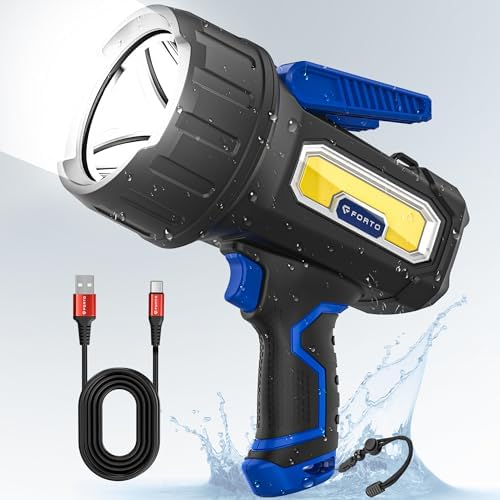 FORTO Rechargeable Spotlight Flashlight with 2000 Lumens, Handheld Spotlight with Foldable Stand, 6 Light Modes IPX7 Waterproof LED Spot Lights Outdoor for Boating Hunting Hiking(Blue) Forto