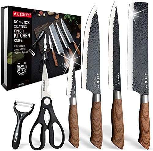 6 Pieces Professional Kitchen Knives Set With Giftbox, High Carbon Stainless Steel Forged Kitchen Knife Set, Sharp Chef Knife Set For Chef Cooking Paring Cutting Slicing (High Carbon Black) AUIIKIY