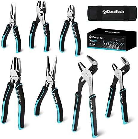 DURATECH 7-Piece Pliers Set with Rolling Pouch, Premium Cr-Ni Construction (10", 8" Groove Joint Pliers, 8", 6" Long Needle Nose, 8" Linesman, 6" Slip Joint, 6" Diagonal) for Basic Repair Duratech