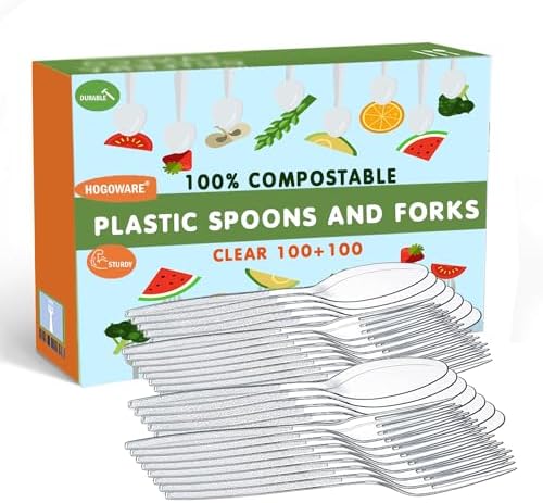 200 Pack Clear Plastic Forks and Spoons Disposable Plasticware Set Heavy Duty Compostable Utensils Bulk Flatware for Kitchen Office Home Party Supplies BBQ Picnic Birthday Wholesale HOGOWARE