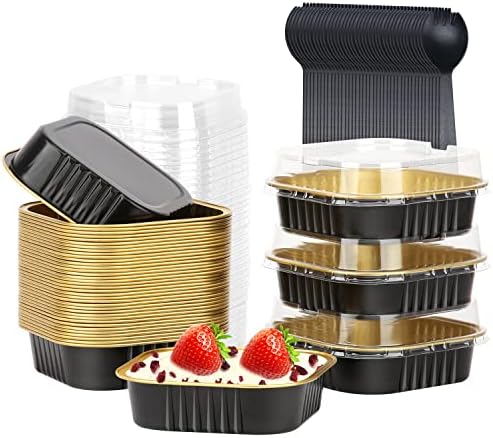 LNYZQUS 5oz Cupcake Mini Cake Pans With Lids 40 Pack, Aluminum Foil Cupcake Cups Brownie Baking Pans,Square Disposable Ramekins Baking Cups,Small Muffin Tin Holders-Black In Gold LNYZQUS