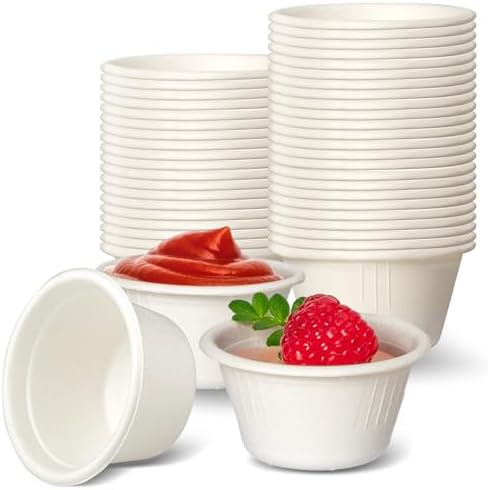 Fit Meal Prep [100 Pack] 2 Oz 100% Compostable Disposable Condiment Cups, Biodegradable Bagasse Fiber Souffle Portion Cups, Eco-Friendly Sample Cups for Tasting, Dip Sauce, Snack, Microwave Safe Fit Meal Prep