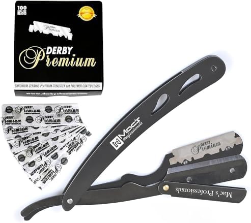 Barber Straight Edge Razor Safety with 100-Pack Derby Blades - 100 Percent Stainless Steel (Black Titanium) Macs Professional