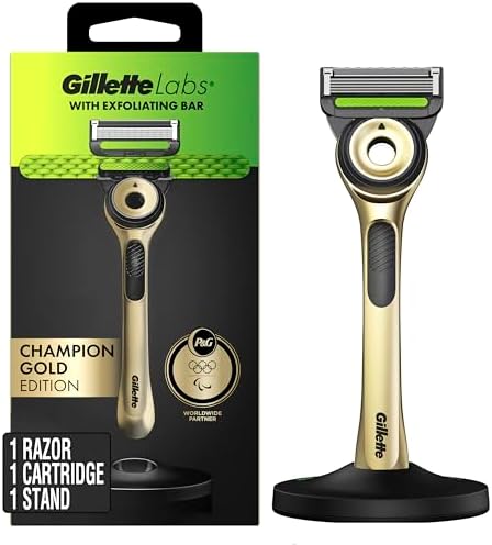 GilletteLabs with Exfoliating Bar Razor for Men, Champion Gold Edition - 1 Handle, 1 Razor Blade Refill, Includes Premium Magnetic Stand Gillette