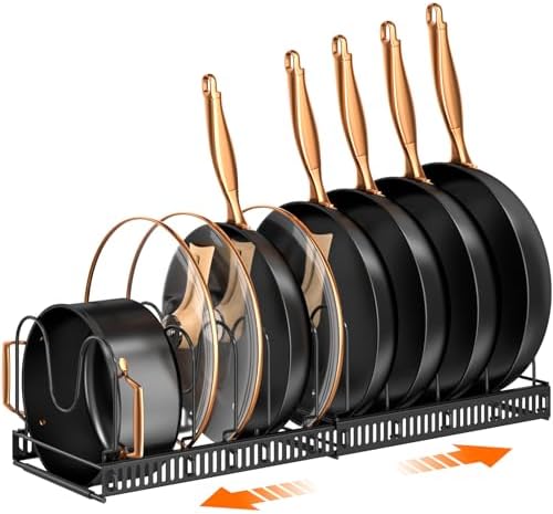 MUDEELA Pots and Pans Organizer : Rack for under Cabinet, Expandable Pot Lid Kitchen Cabinet Organizer Holder with 10 Adjustable Compartment, for Cutting Board, Cast-iron Pan, Heavy Cookware MUDEELA