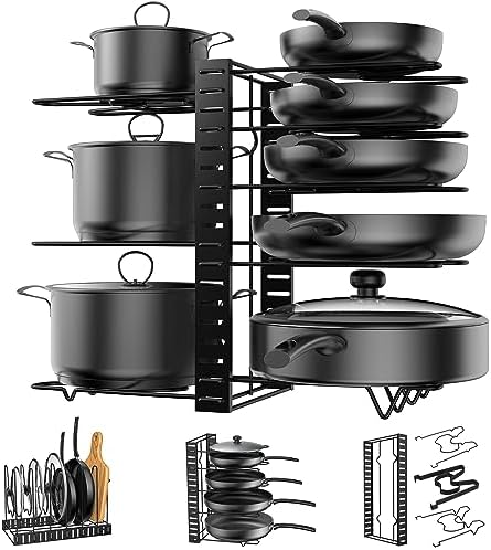 Pot Rack Organizer, 3 DIY Methods, Height and Position are Adjustable - 8 Pots Holder, Metal Kitchen Cabinet Pantry Pot Pan Lid Holder (BLACK) Kaptron