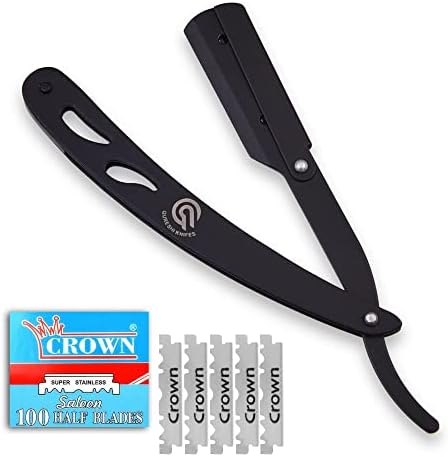 Stainless Steel Men Straight Edge Razor - Professional Barber Razor for Men - Includes 100 Blades - Men Straight Razor for Beard - Straight Single Edge Razor for Barber Equipment (Black QURESHI KNIFES