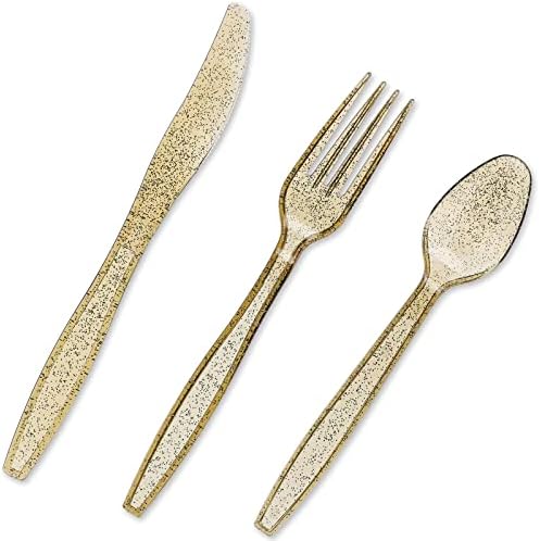 96 Pack Gold Glitter Plastic Silverware for Wedding Party Supplies, Cutlery Includes Forks, Spoons, and Knives (Serves 32) Juvale