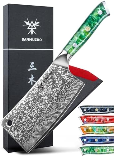 Chopping Knife - 7 inch Cleaver Knife- Xuan Series - VG10 Damascus Steel Kitchen Knife - Resin Handle (Fantasy Orange) SANMUZUO