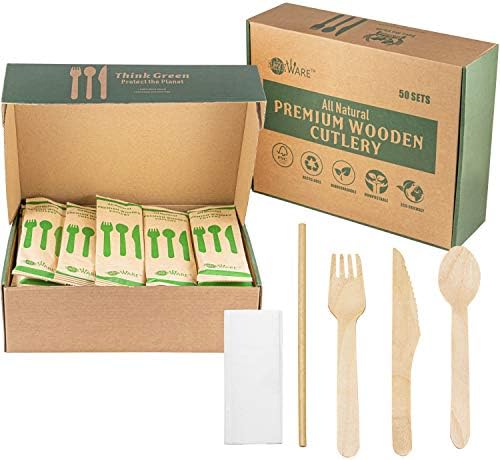 Disposable Wooden Cutlery Set – 50 Set Combo Pack Camping Utensils (Fork, Knife, Spoon, Paper Straw and Napkin) Compostable Birch Wood Bio Degradable Alternative to Plastic Spoons for Camping Picnic Saveware