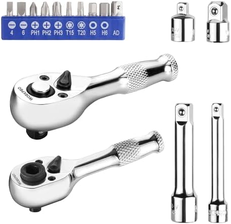 WORKPRO Stubby Ratchet & Bit Driver Set 16 PCS, 1/4", 3/8" Drive Ratchet Handle Wrench, 72-T Quick-Release Reversible Socket Wrench, 2 Socket Adapters, 2 Extension Bars, 10 PCS 1/4" Hex Bits Workpro